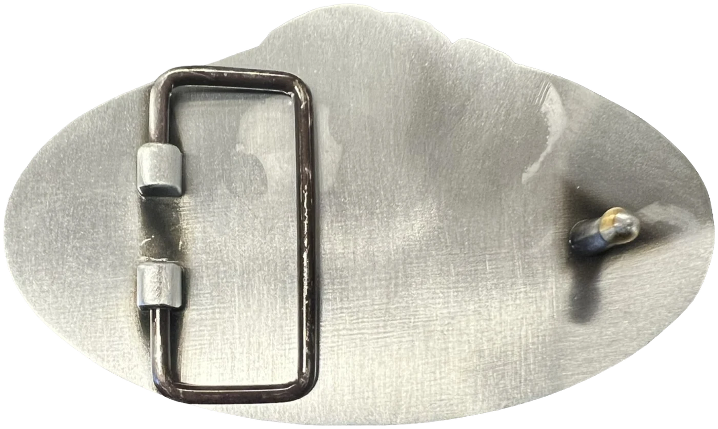 Custom belt buckle, back view