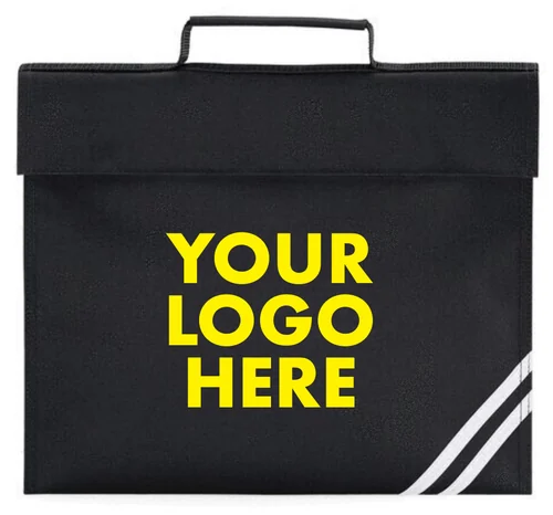 Black book bag with a reflective stripe and your logo printed on the front