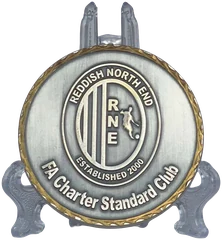 Bespoke antique silver coin with a gold-coloured edge and a club crest, shown on a stand