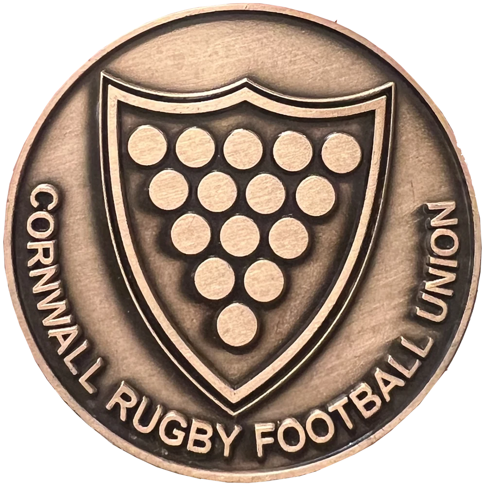Bespoke bronze coin for Cornwall Rugby Football Union with a shield crest