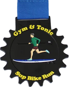 Black coloured base metal gear-shaped medal with blue ribbon, Gym & Tonic Sup Bike Run