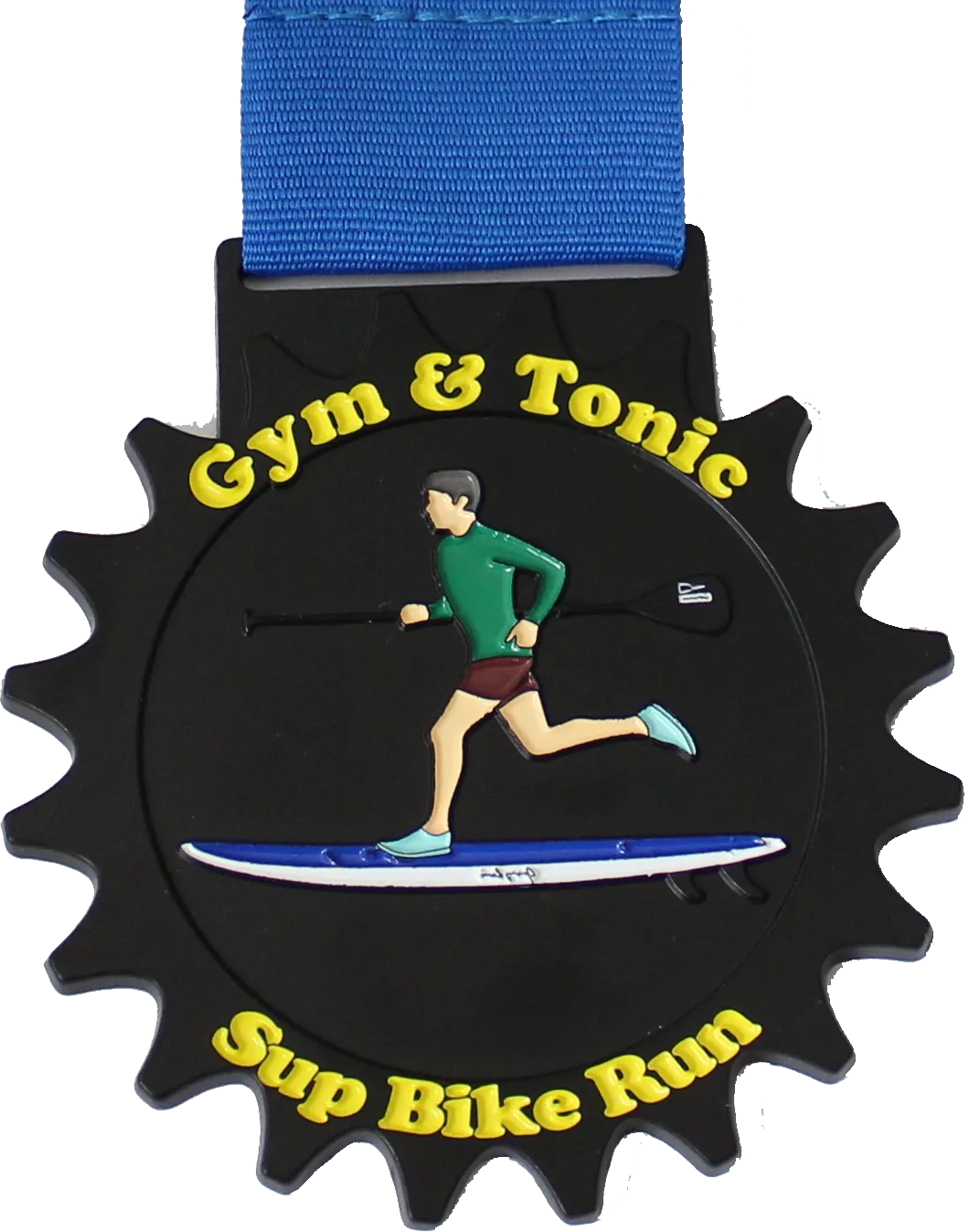 Black coloured base metal gear-shaped medal with blue ribbon, Gym & Tonic Sup Bike Run
