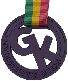 Purple coloured base metal cut-out medal with a rainbow ribbon, Gymfinity Kids