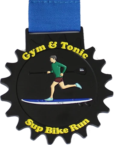 Black coloured base metal gear-shaped medal with blue ribbon, Gym & Tonic Sup Bike Run