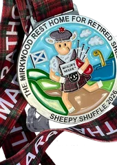 Fully enamel bespoke medal with a tartan ribbon and a bagpiping sheep design, Sheepy Shuffle 2026