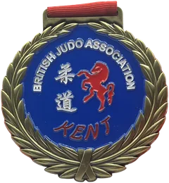 Fully enamel bespoke medal with a red ribbon and blue enamel colour