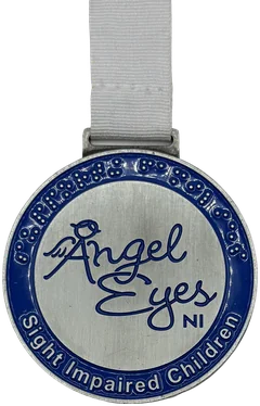 Fully enamel round medal with a blue enamel border and a white ribbon, Angel Eyes NI Sight Impaired Children