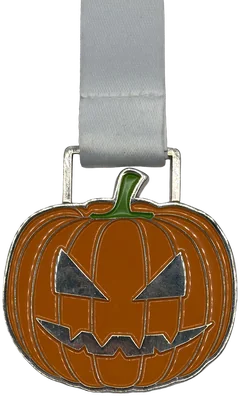Fully enamel pumpkin shaped medal with orange enamel and a white ribbon
