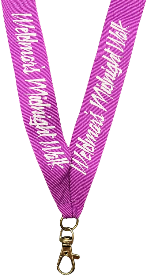 Purple lanyard printed with Webbies Midnight Walk and a metal dog clip fastening