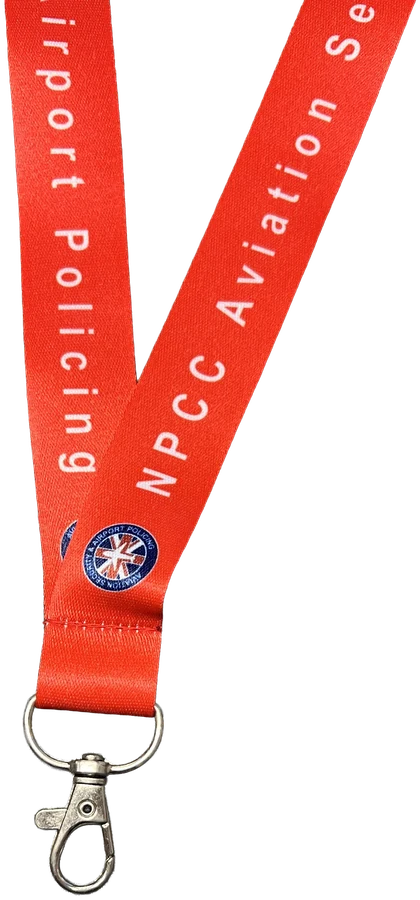 Red lanyard with a metal dog clip fastening
