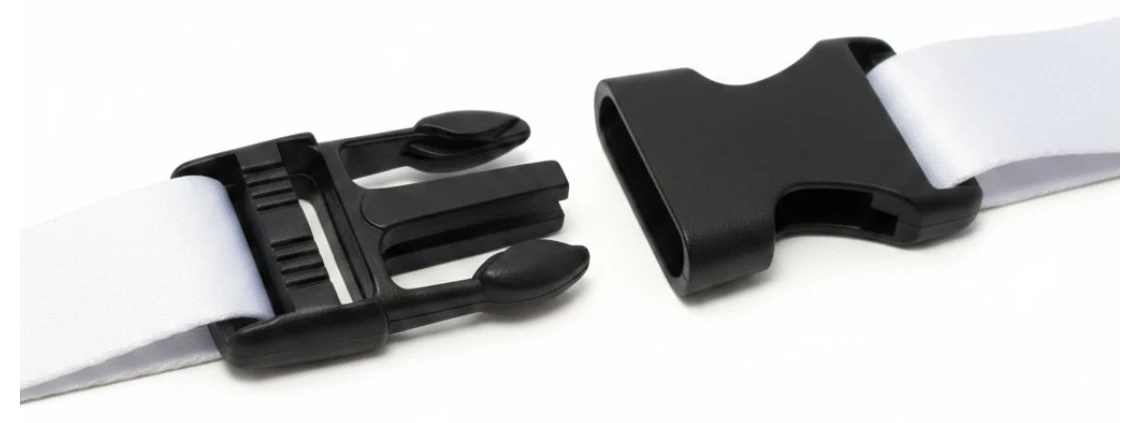 Black plastic safety clip buckle on a white lanyard, shown open