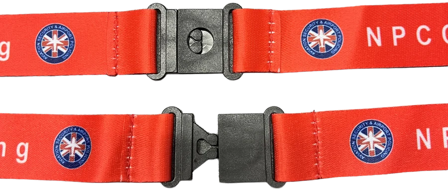 Red lanyards with a black plastic safety clip that releases under pressure