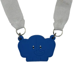 Blue PVC elephant medal on a white ribbon with two metal rings