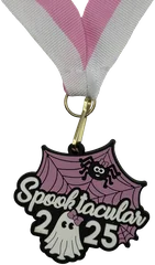 Black and pink PVC medal with a spider web, spider and ghost design, Spooktacular 2025, on a pink and white ribbon
