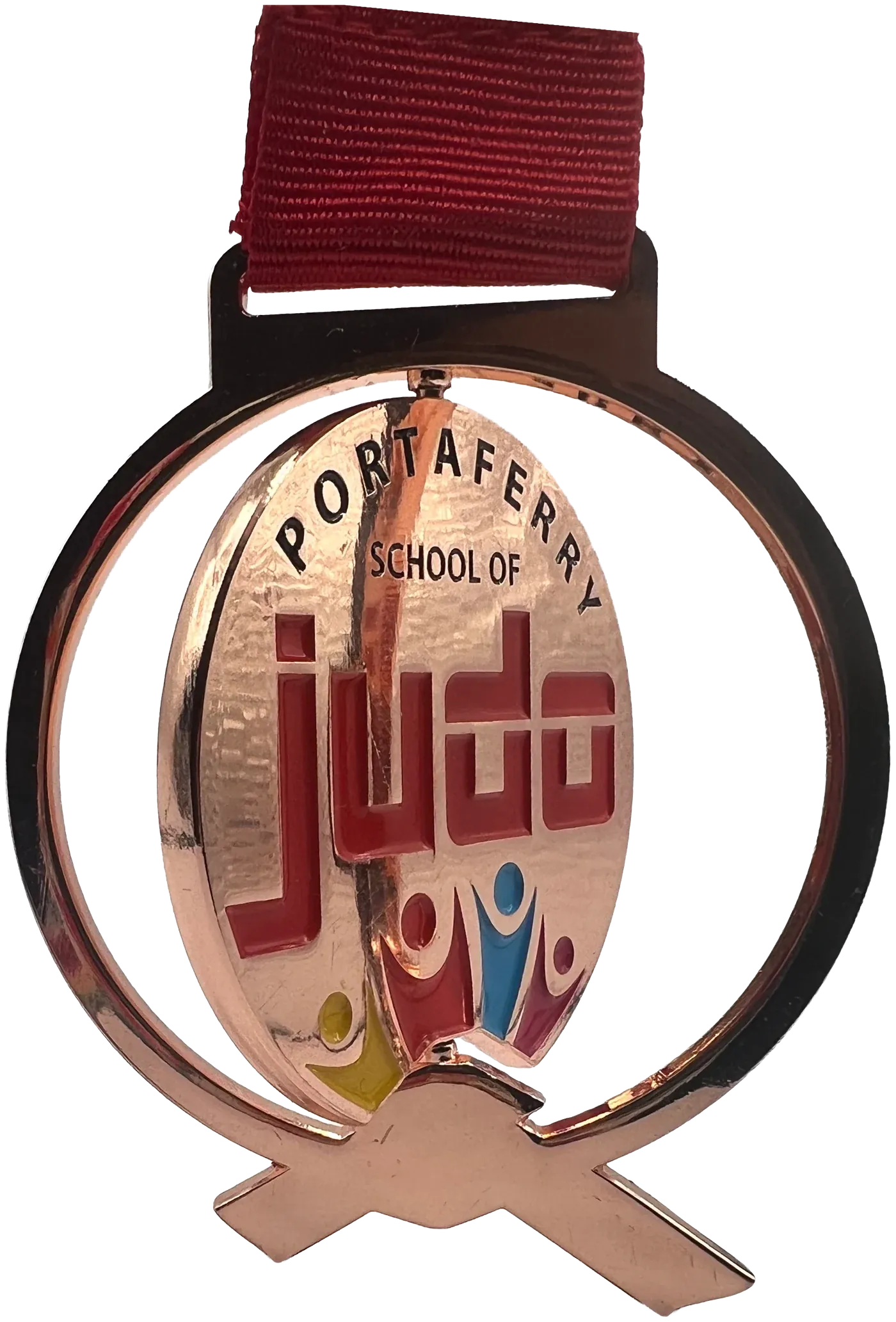 Bespoke spinner medal with a spinning Portaferry School of Judo centre on a red ribbon