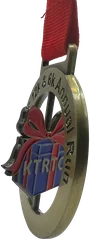 Bespoke spinner medal with a spinning gift box centre on a red ribbon