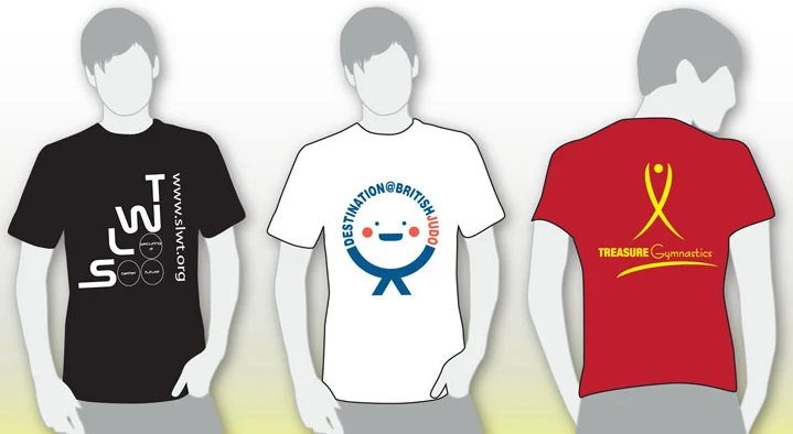 Three printed t-shirts in black, white and red with club and event logos