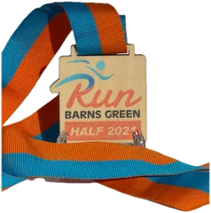 Square wooden bespoke medal with a printed running design on an orange and blue ribbon