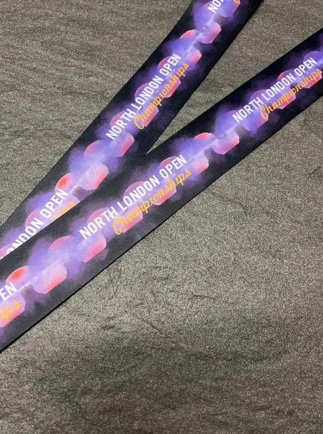 North London Open Championships on a purple and blue sublimation ribbon
