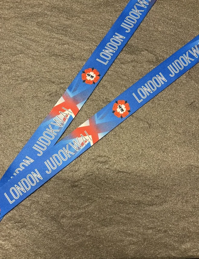 London Judokwai on a blue sublimation ribbon
