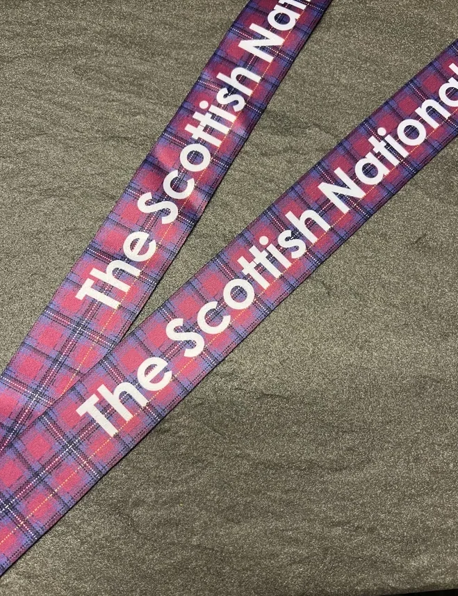 The Scottish National on a red and blue tartan sublimation ribbon
