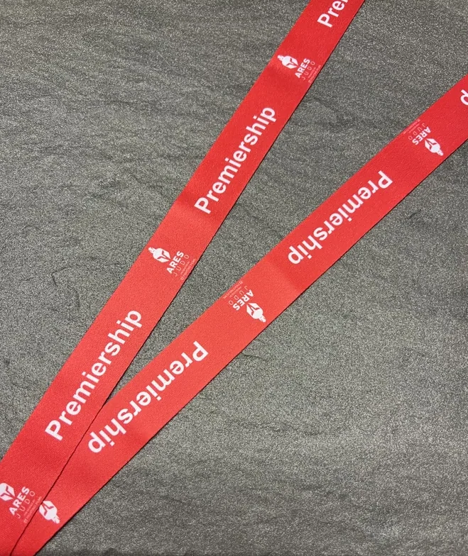 Premiership with Ares logos on a red sublimation ribbon